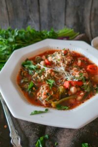 A bowl of Sicilian Chickpea Soup with Parmesan dumplings