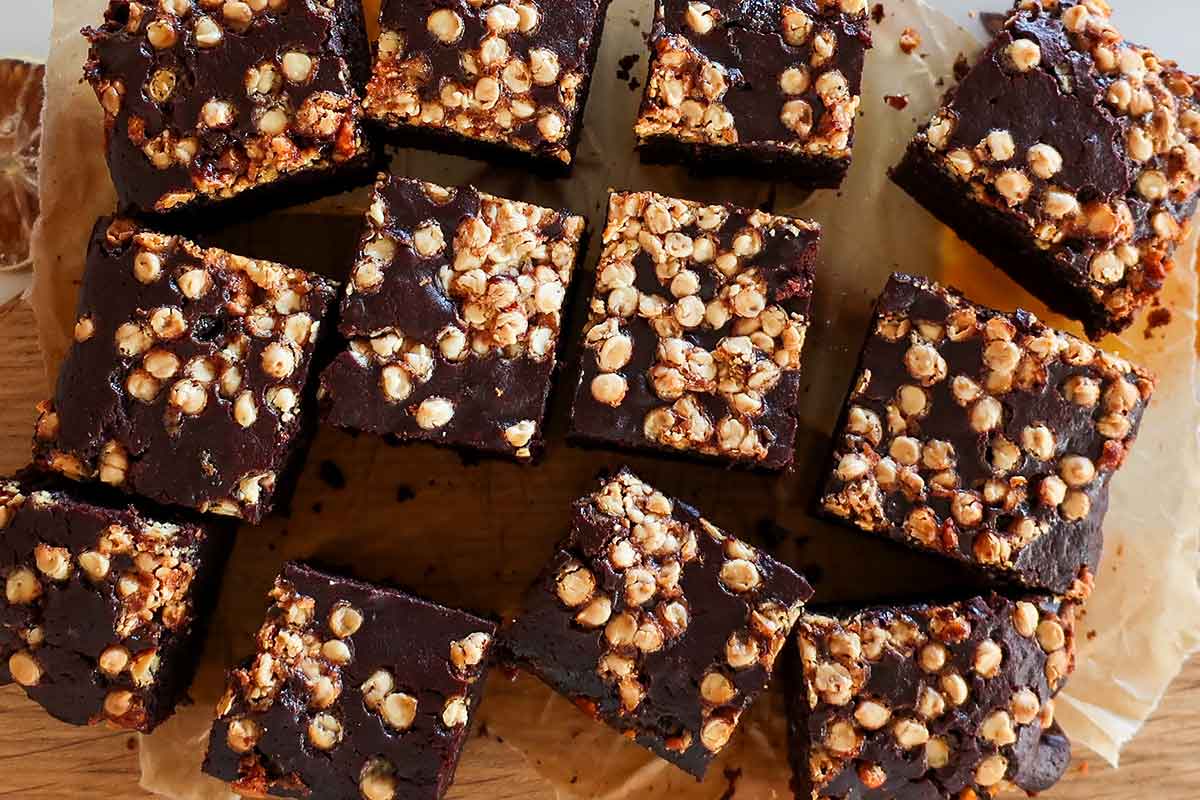 beet brownie squares topped with melted white chocolate chips