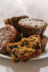 4 matcha blueberry muffins on a desert plate
