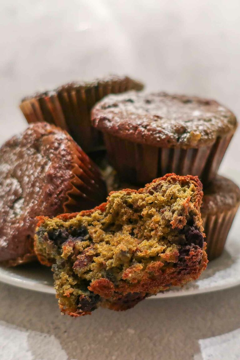 4 matcha blueberry muffins on a desert plate