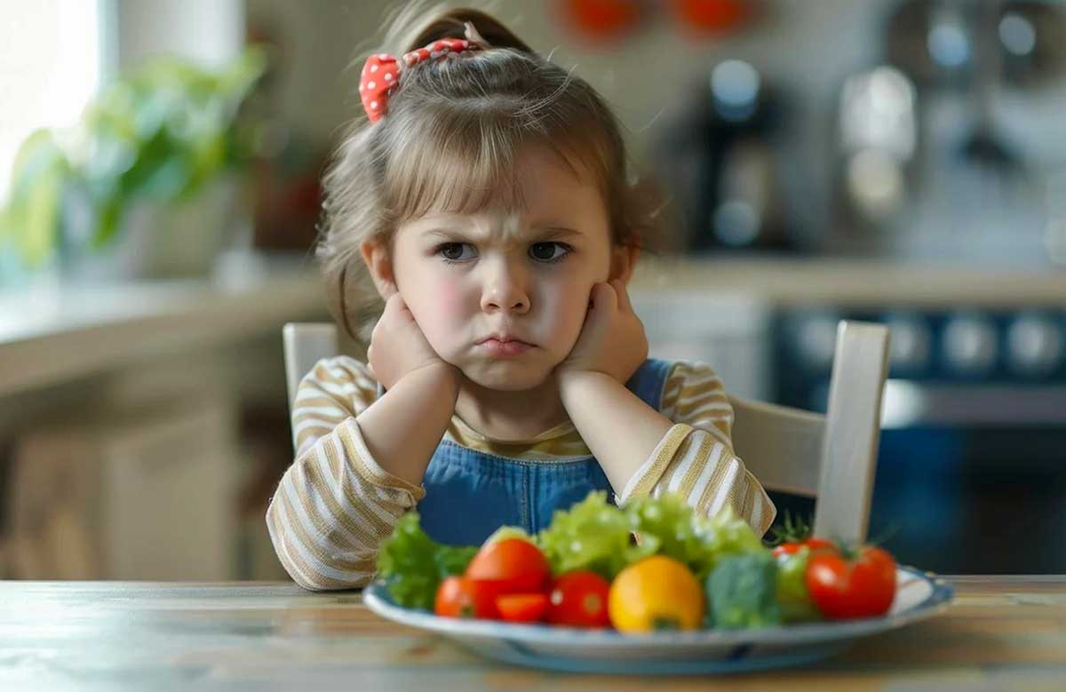 child sitting and frowning at a table with vegetables in front of her on a plate