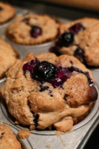 baked gluten free walnut blueberry muffin in a muffin pan
