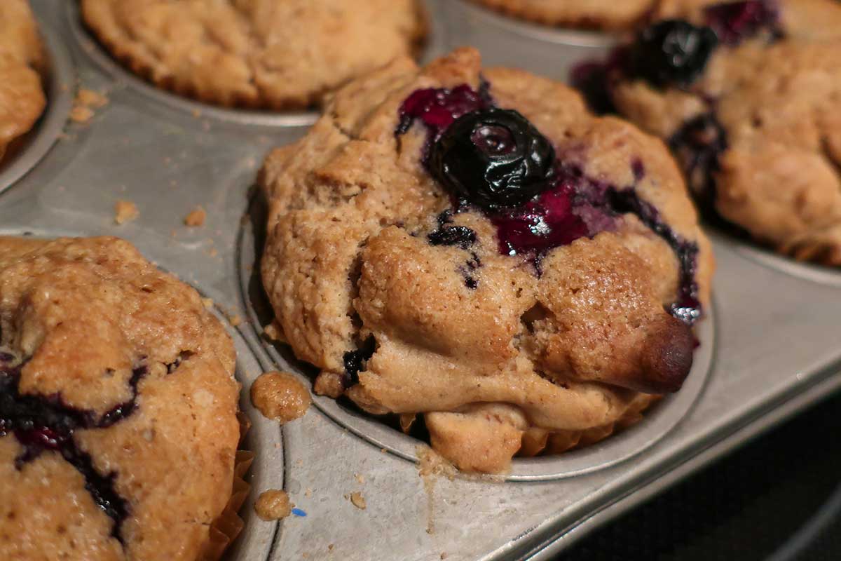 close up of one baked blueberry walnut muffin in a muffin pan oozing with blueberry sauce
