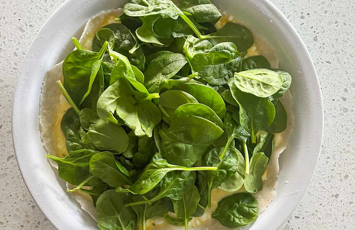 Fresh baby spinach layered on top of the egg mixture in the pie dish