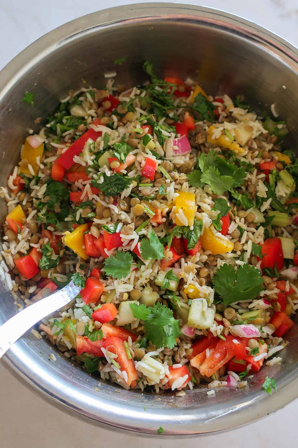 lentil and rice salad in a stainless steel bowl