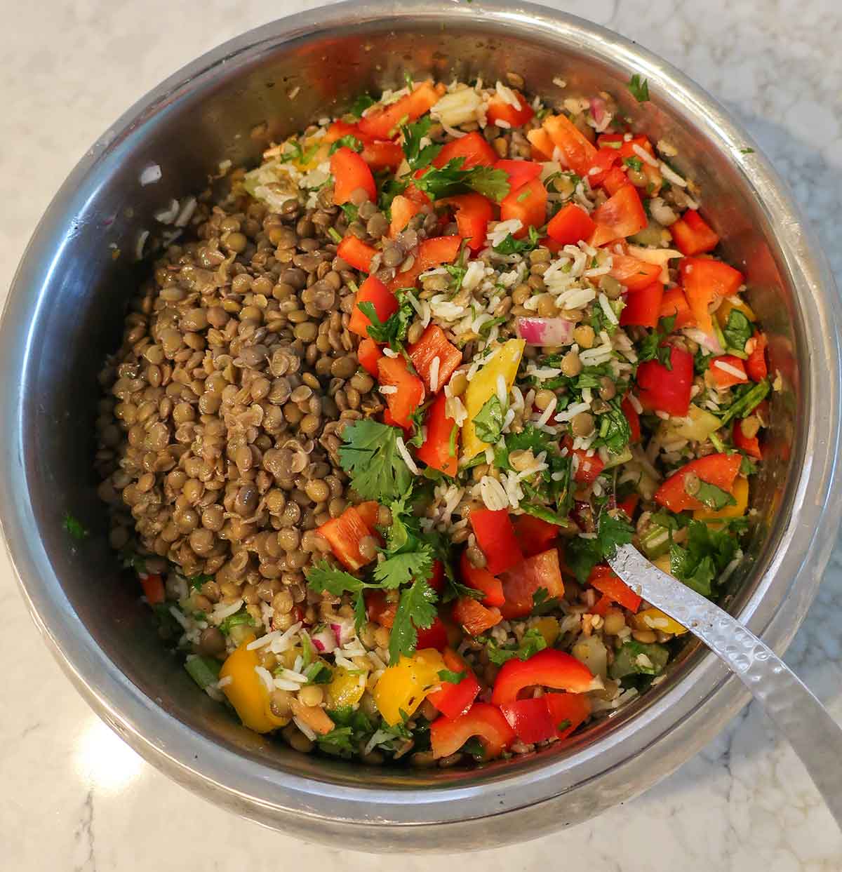 cooked lentils, rice, bell peppers, celery, onions and herbs in a bowl