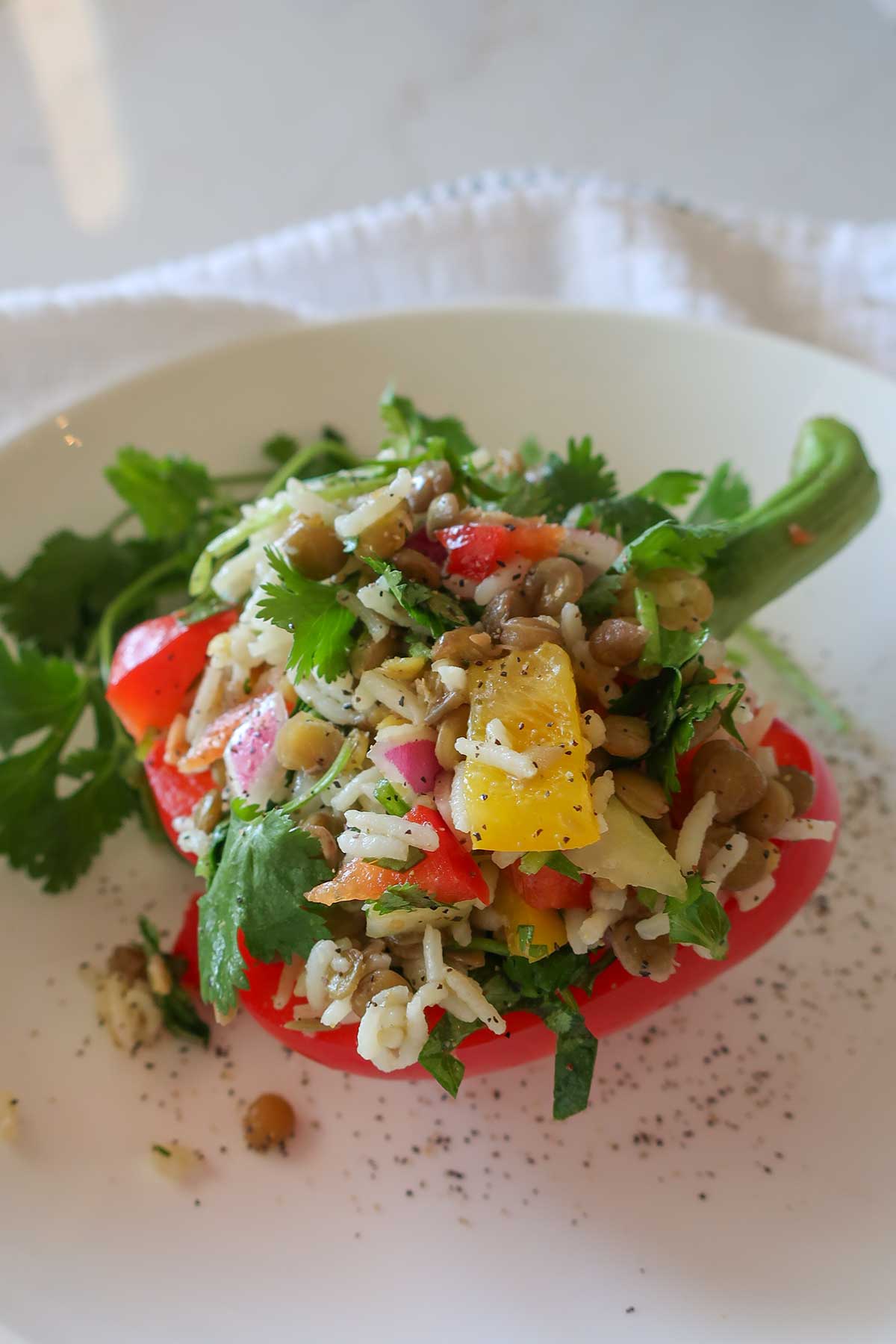 half a bell pepper stuffed with lentil and rice salad in
