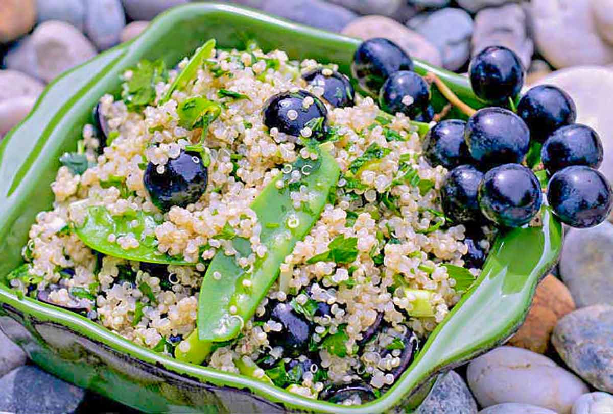 June seasonal quinoa salad with grapes and sweet peas
