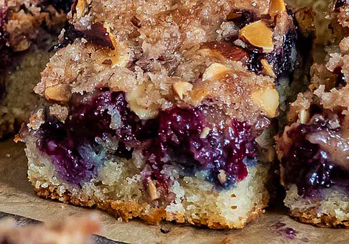 Close-up of a slice of blueberry streusel cake on a plate, with a juicy, pudding-like blueberry filling visible beneath the golden, crumbly topping.
