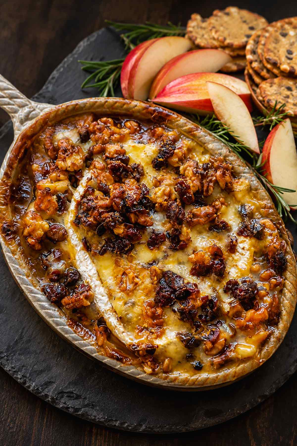 Warm Baked Camembert Dip with Walnuts, cranberries & Rosemary with side of apples and gluten free crackers