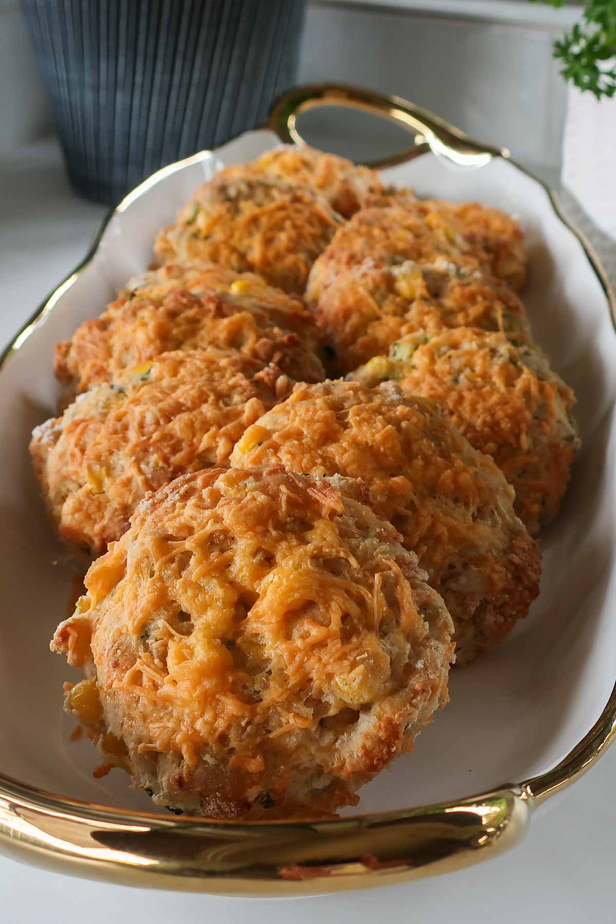 freshly baked zucchini corn buttermilk scones on a platter