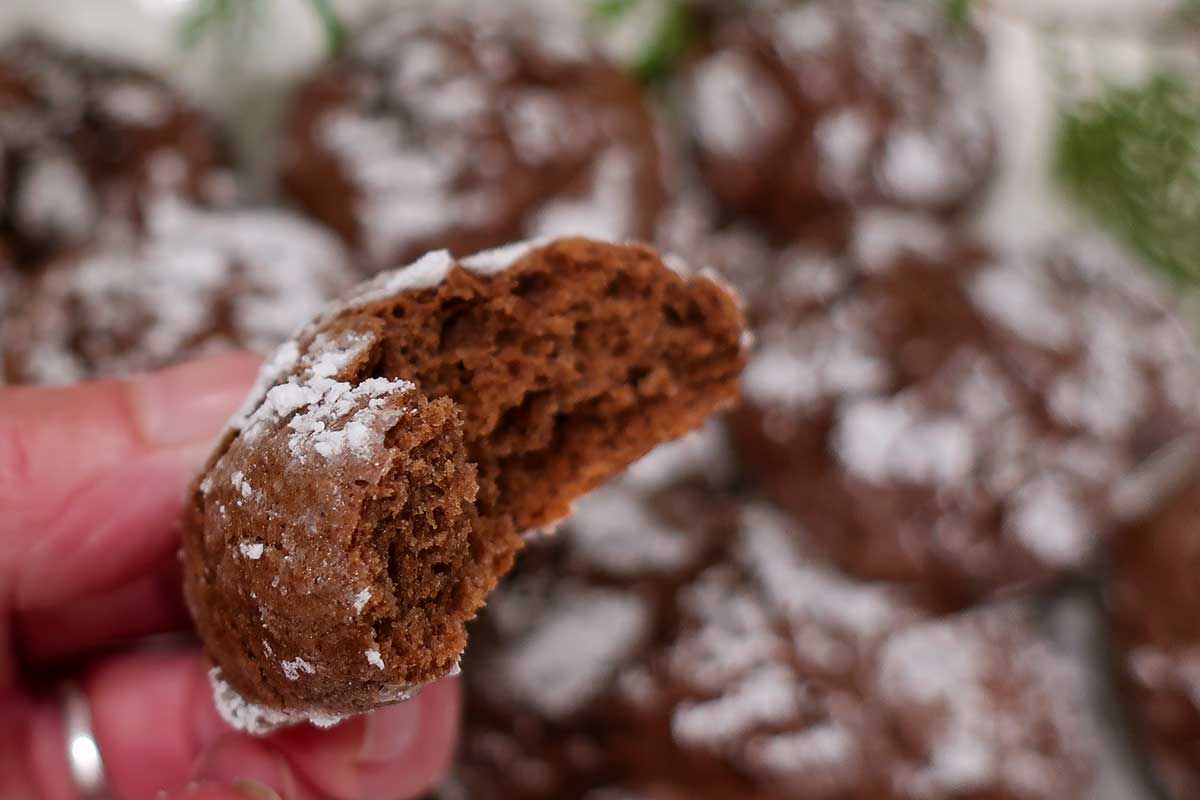 close up of fudge interior of crinkle cookie