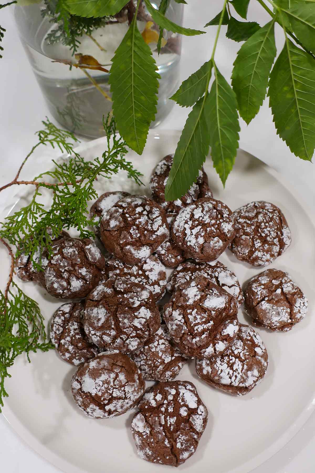 gluten free chocolate crinkle cookies powdered with sugar on a plate