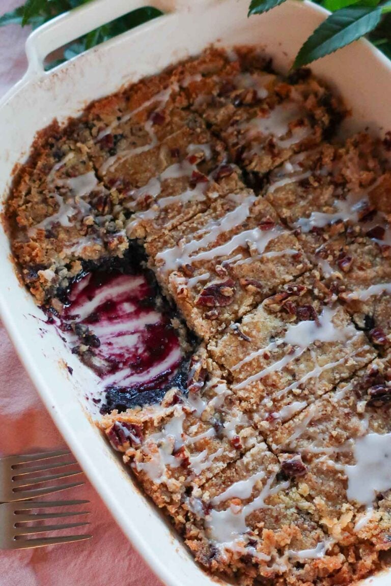 Gluten-free berry dump cake baked from scratch with blueberries and a golden buttery topping