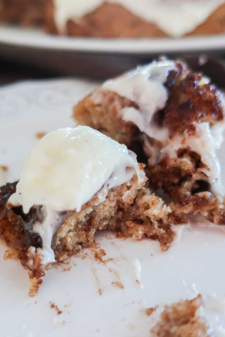 slice of Gluten-Free, Egg-Free Gingerbread Coffee Cake with Cinnamon Cream Cheese Frosting showing the extra moist inside with cinnamon swirl