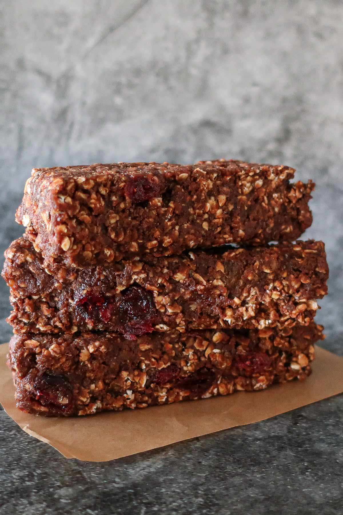 3 chocolate lentil energy bars stacked on top of each other