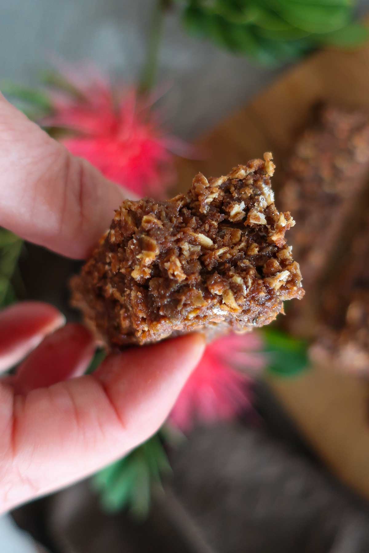 using fingers to hold a piece of chocolate lentil energy bar 