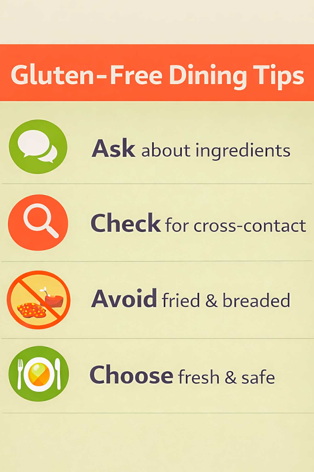 Infographic showing tips for safe gluten-free dining at restaurants.