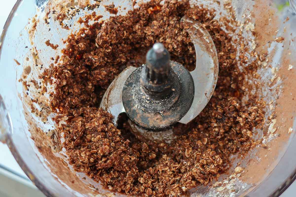 Once everything is combined, the mixture looks thick and sticky—exactly what you want for lentil energy bars that hold together.