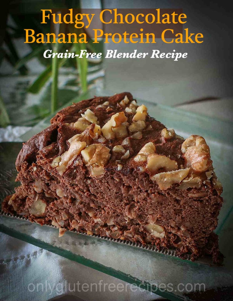 Slice of Fudgy Protein Banana Cake (No Sugar Added, Gluten-Free, 11g Protein topped with walnuts on a plate