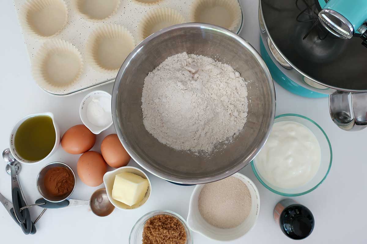 All the ingredients measured and ready to make the gluten-free cinnamon swirl muffins