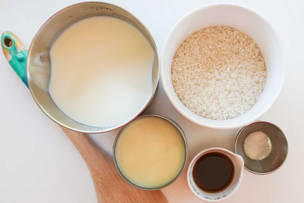 key ingredients in bowls, milk, sushi rice, condensed milk vanilla and salt