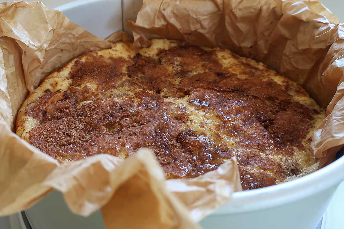Flourless custard cake settled after cooling, showing custard texture