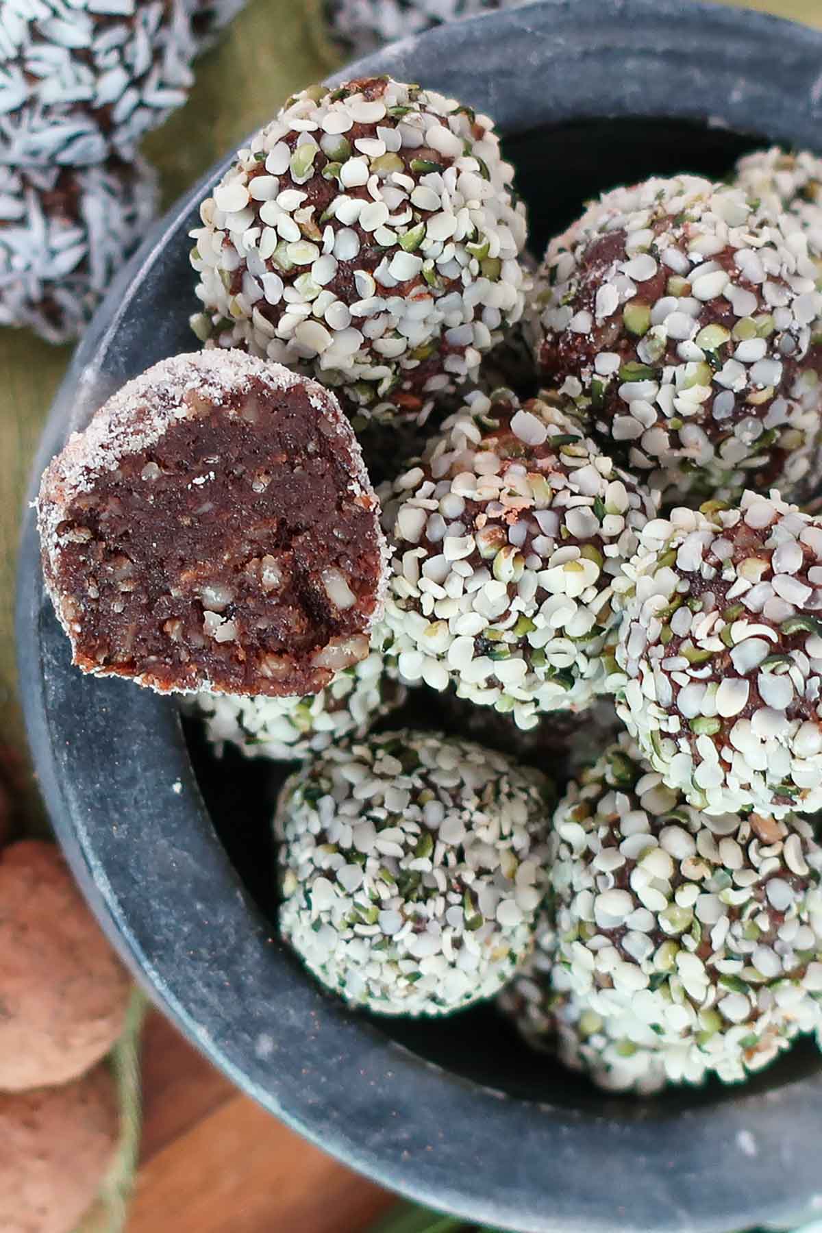 close up of the inside of one mocha hemp protein bite
