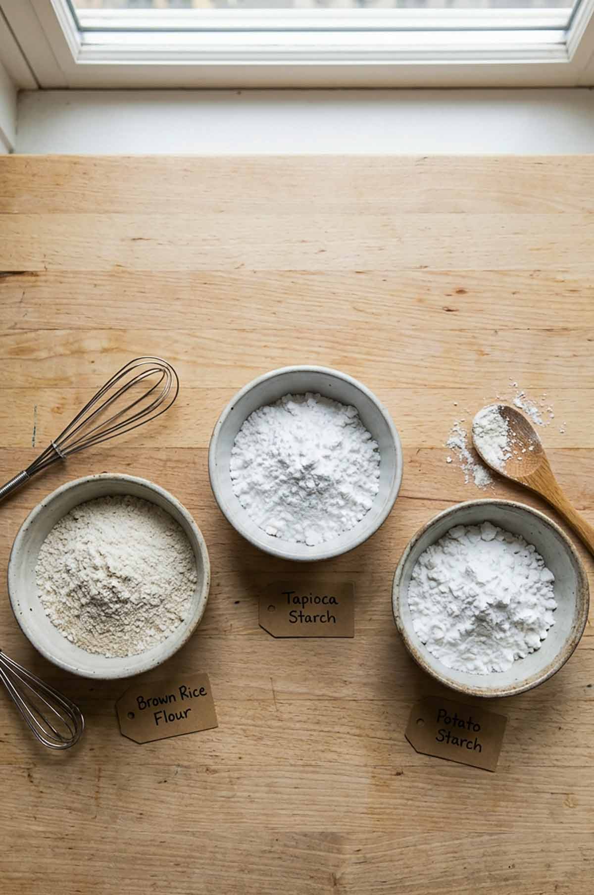bowls filled with gluten free brown rice flour, tapioca, and potato starch