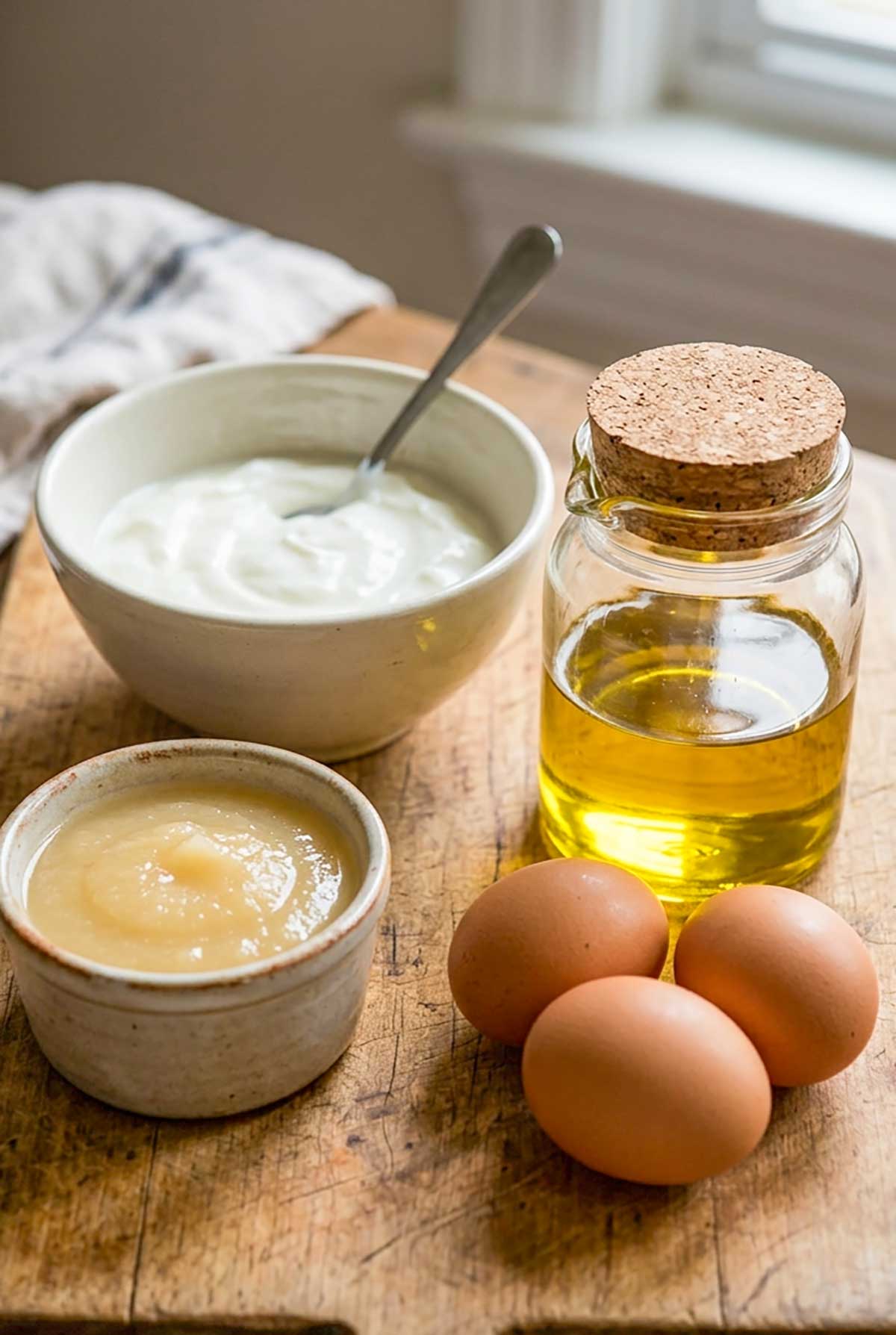 gluten free bowls filled with moisture ingredients, yogurt, eggs, olive oil, and apple sauce
