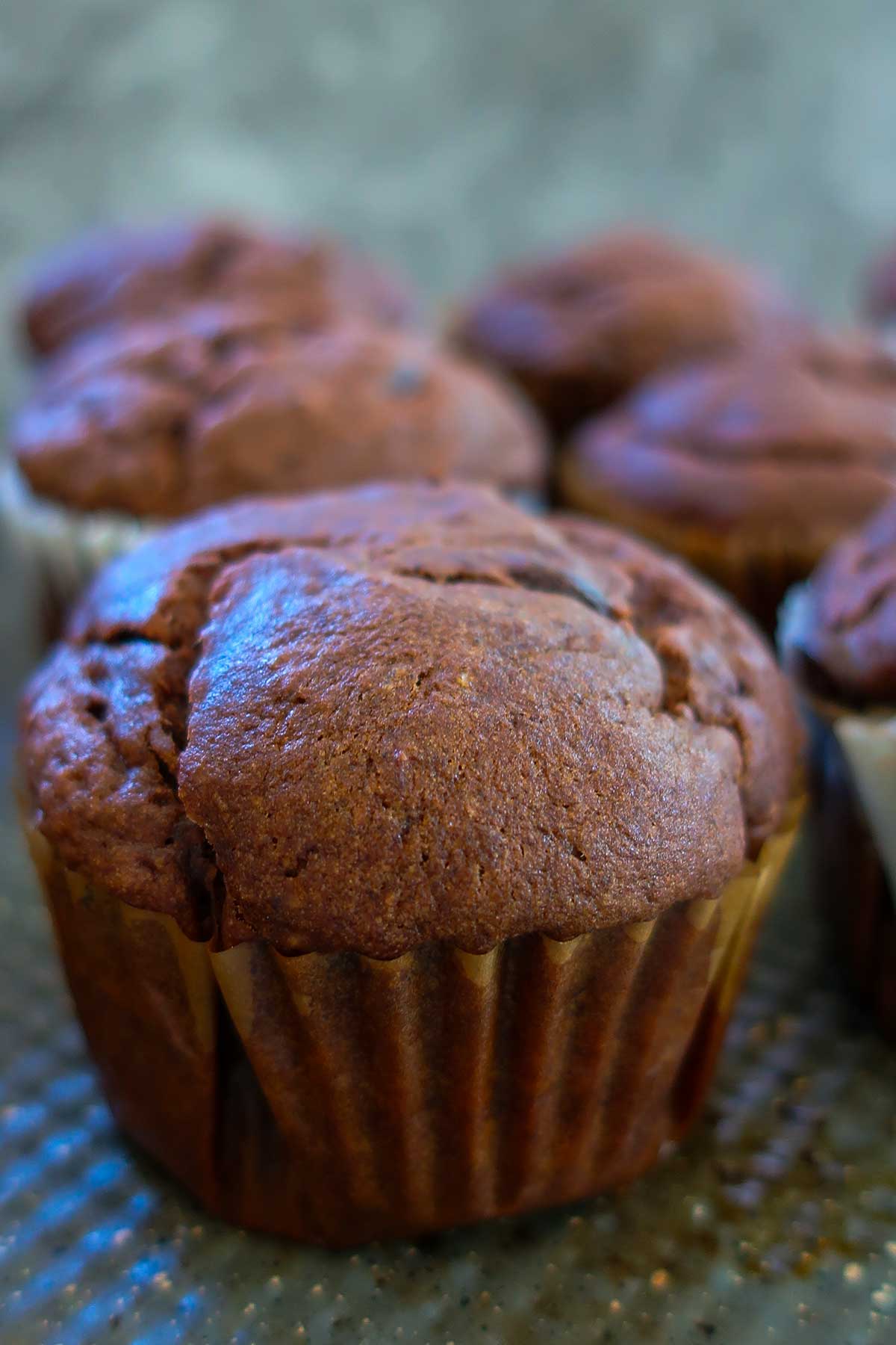 close up of high top freshly baked chocolate banana muffin on a cooling rack