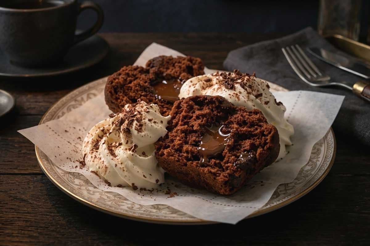 chocolate banana muffin cut in half on a dessert plate with whipped cream on the side