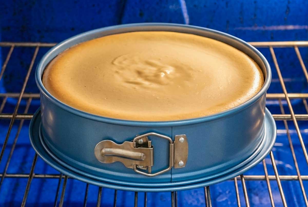 baked cheesecake in a springform pan in the oven showing the slight jiggle in the center