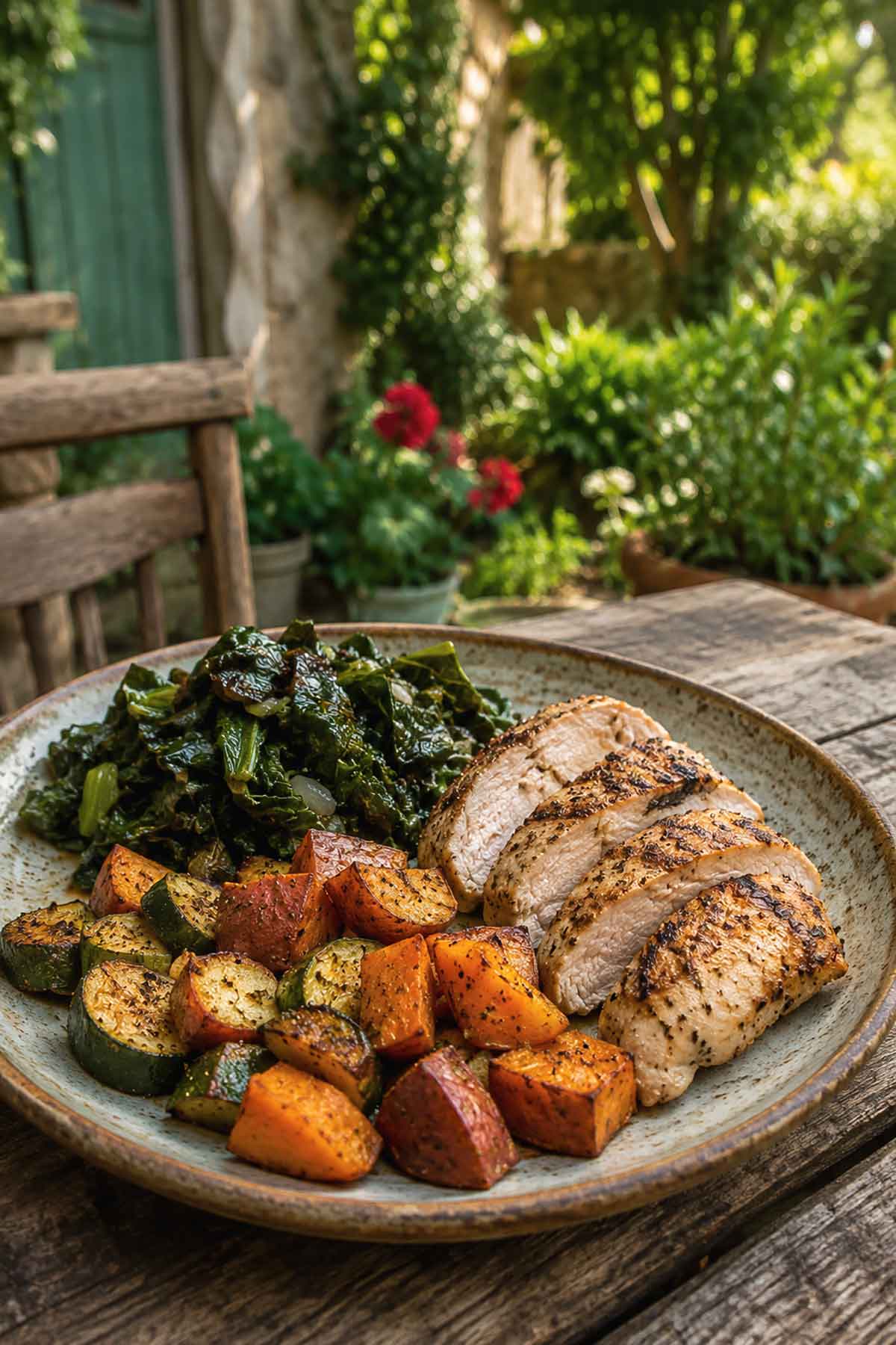A colorful and healthy gluten-free meal with fresh vegetables and clean proteins on a wooden kitchen table, showing how to avoid feeling worse after going gluten-free.