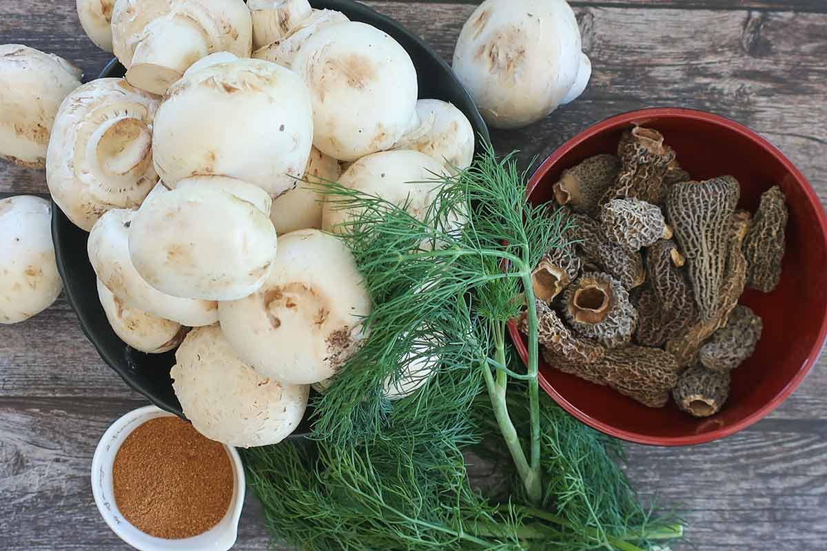 fresh cremini mushrooms, dried morrels, fresh dill and Hungarian sweet paprika on a wooden table