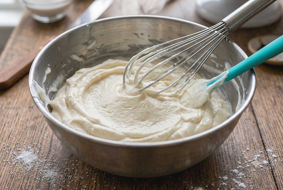 A stainless steel mixing bowl contains a smooth, light-colored finished Ermine buttercream frosting. A wire whisk and a turquoise spatula are resting in the fluffy, whipped icing, which has a gentle sheen.