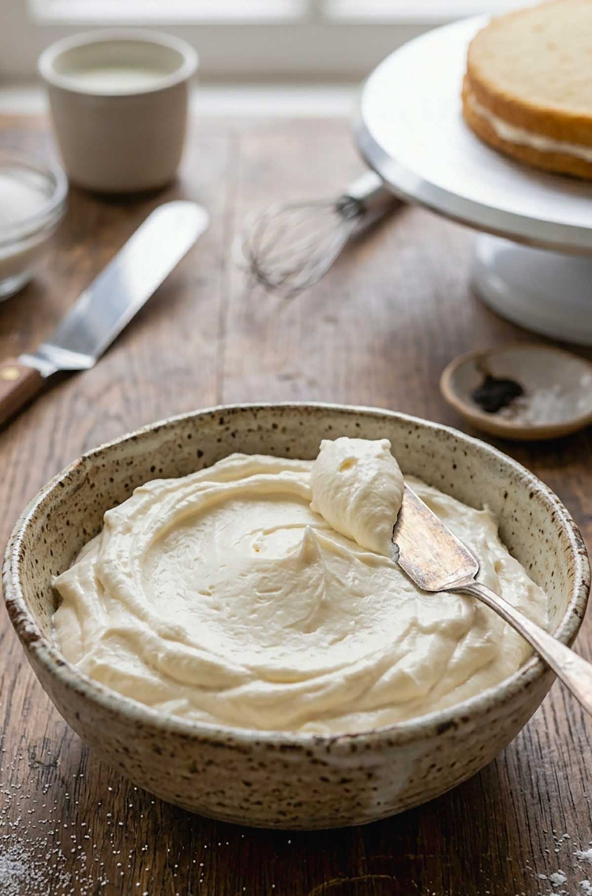 Ermine vanilla frosting in a bowl ready to decorate a cake in the background