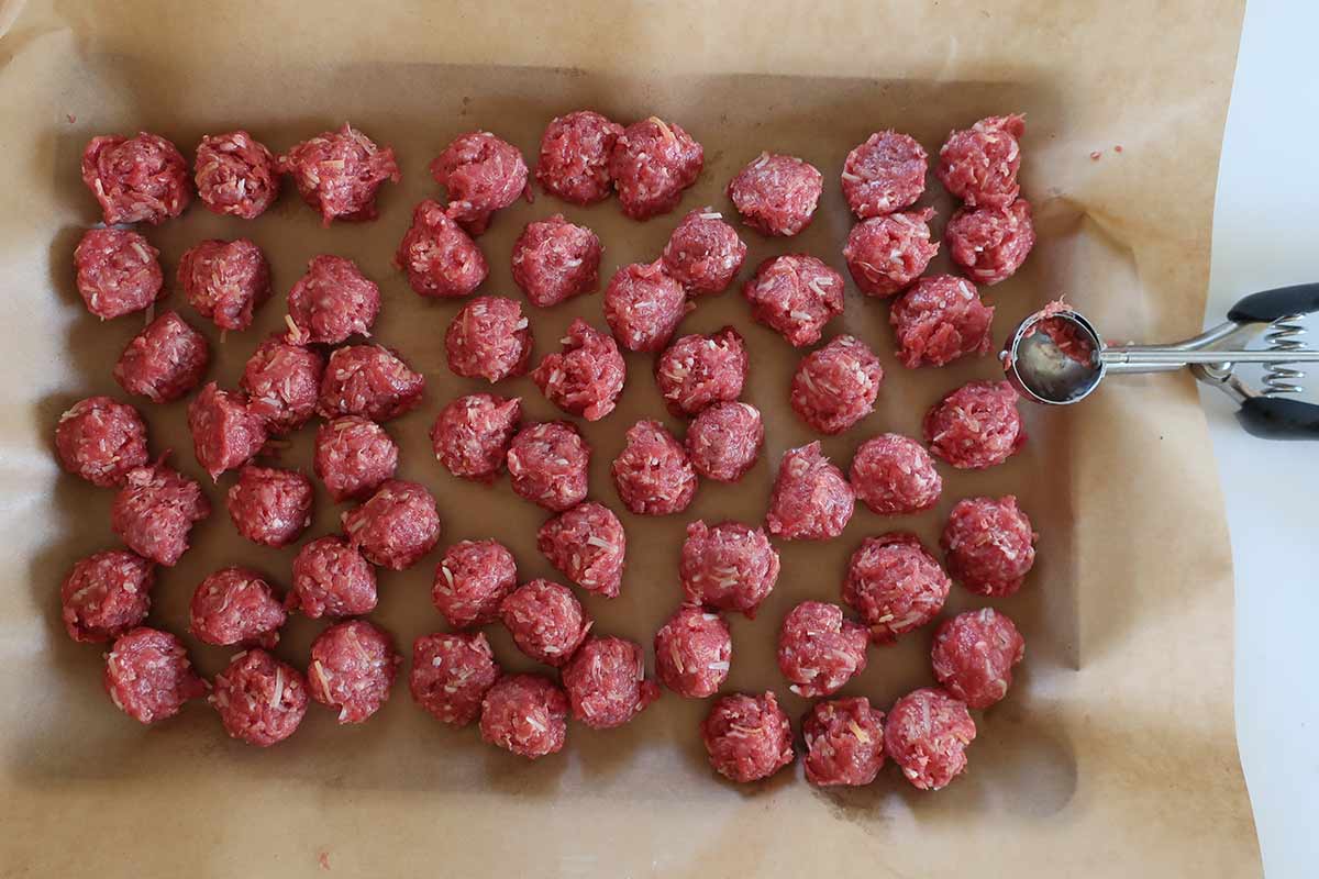 Shaped small Meatballs Before Cooking on a tray