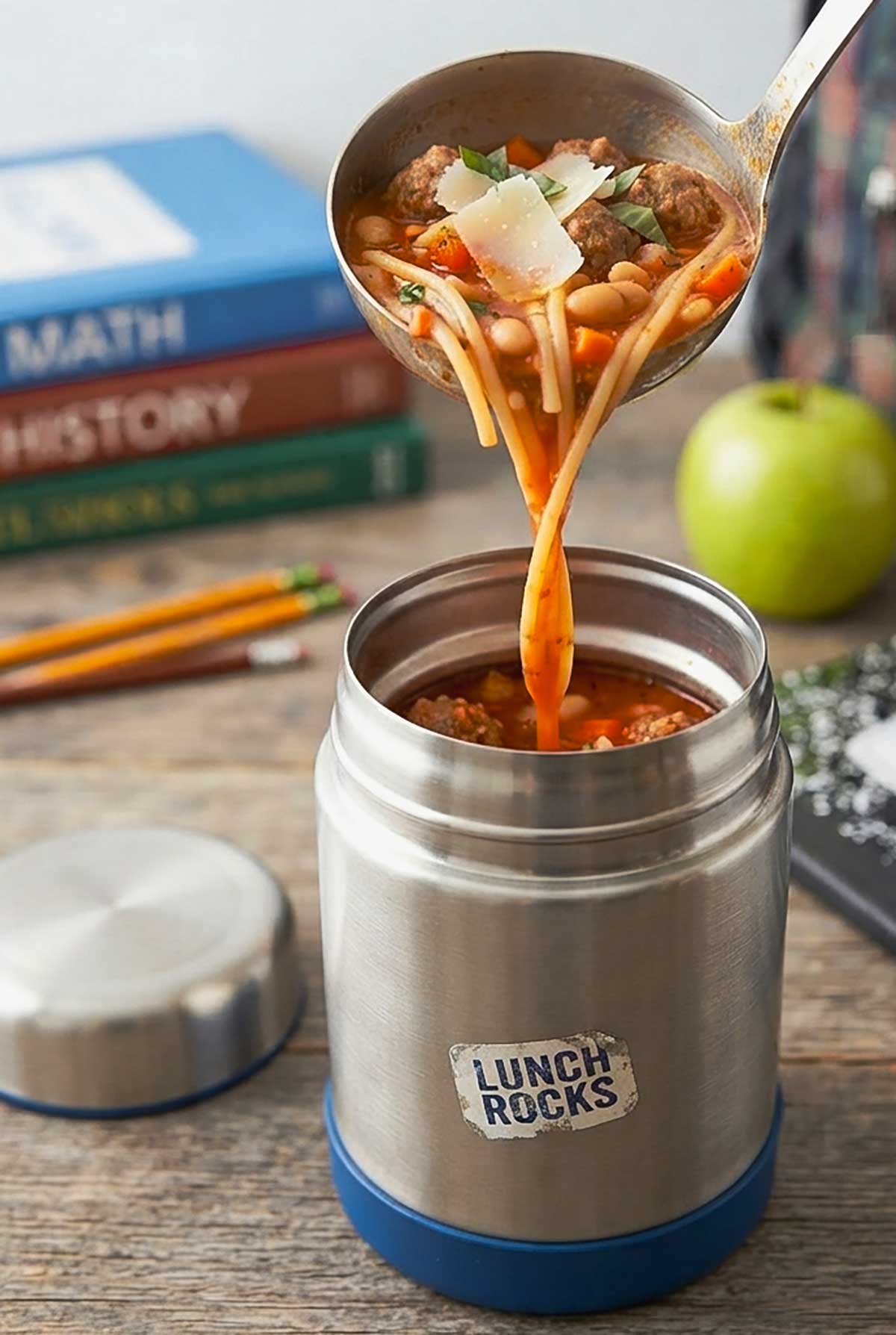 Pouring spaghetti soup with meatballs into a thermos