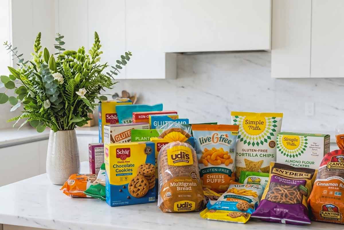 Collection of packaged gluten free food on white kitchen counter
