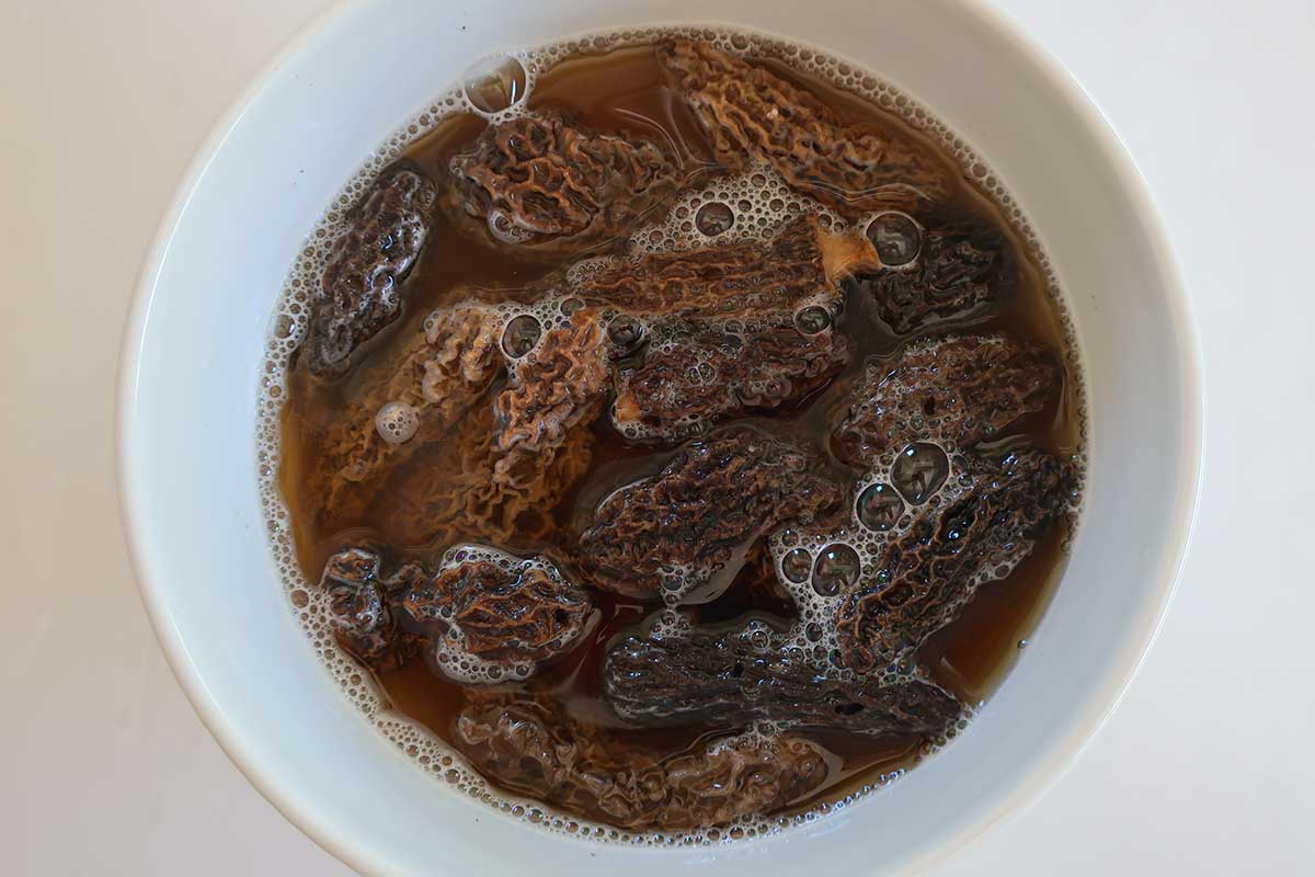 dried morel mushrooms soaking for Hungarian mushroom soup