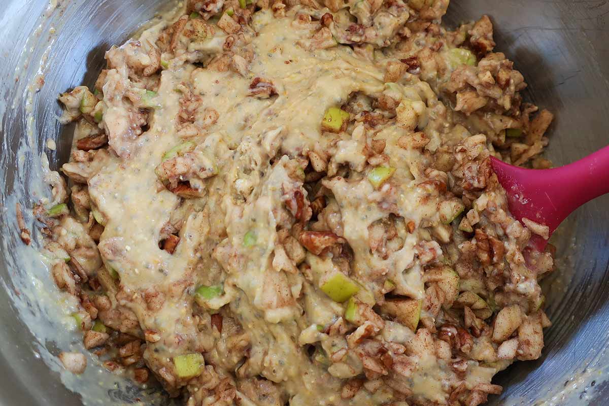 batter in a bowl for Gluten-Free Apple Pecan Cornmeal Muffins