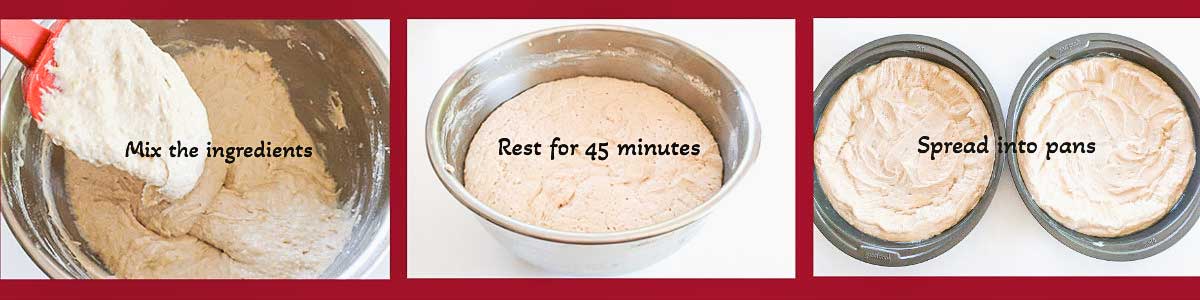 3 steps of make deep dish gluten free Chicago style pizza dough, mixing dough, after rising in a bowl & spread into 2 round baking pans