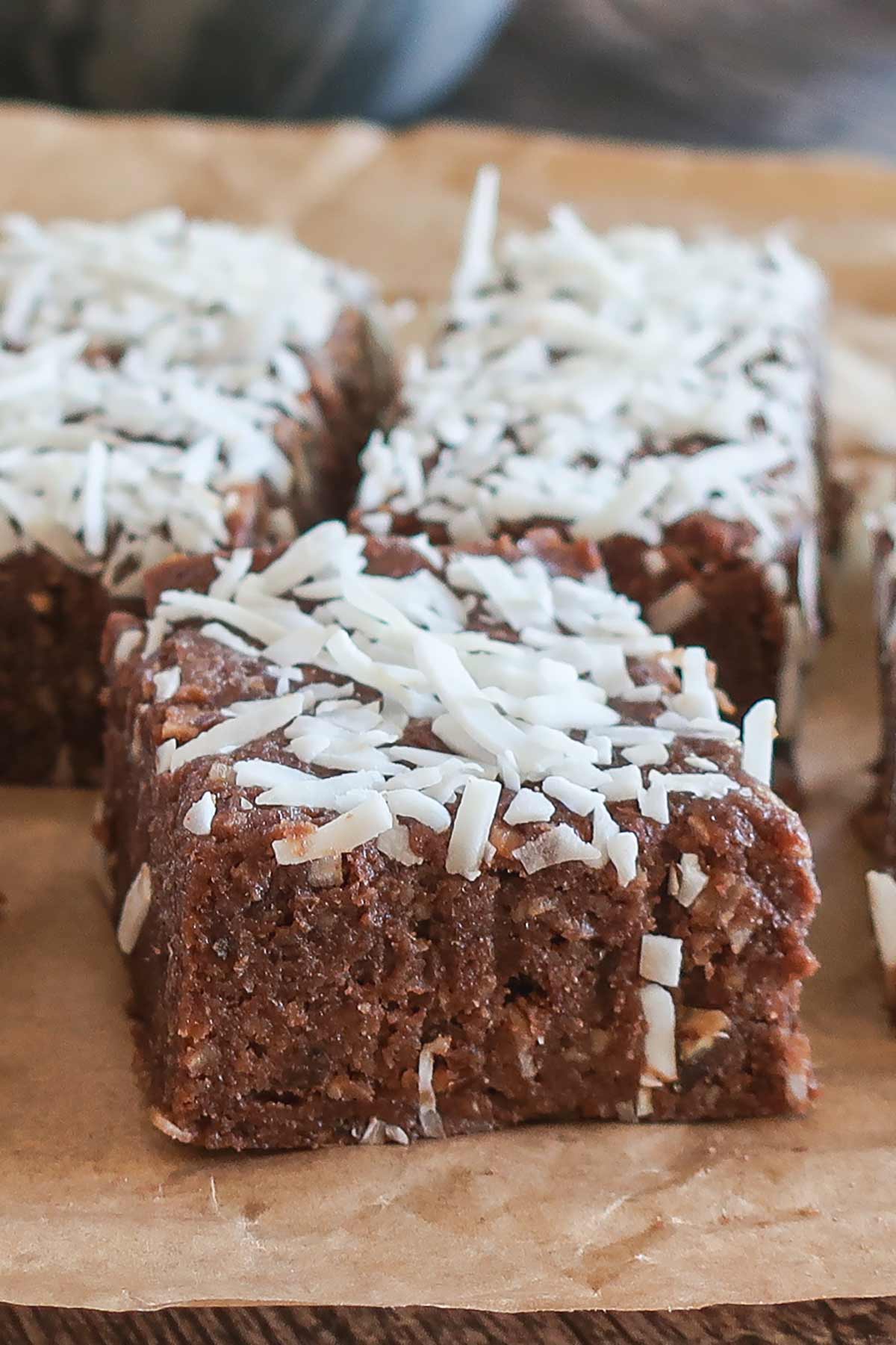 Fudgy No-Bake Chocolate Date Bars with Coconut and Pecans showing the rich moist texture and coconut flakes on top