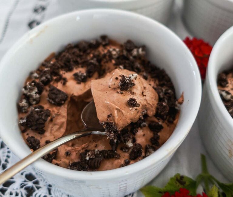 Gluten-Free Cookies & Cream Chocolate Mousse in a ramekins topped with cookie crumbs