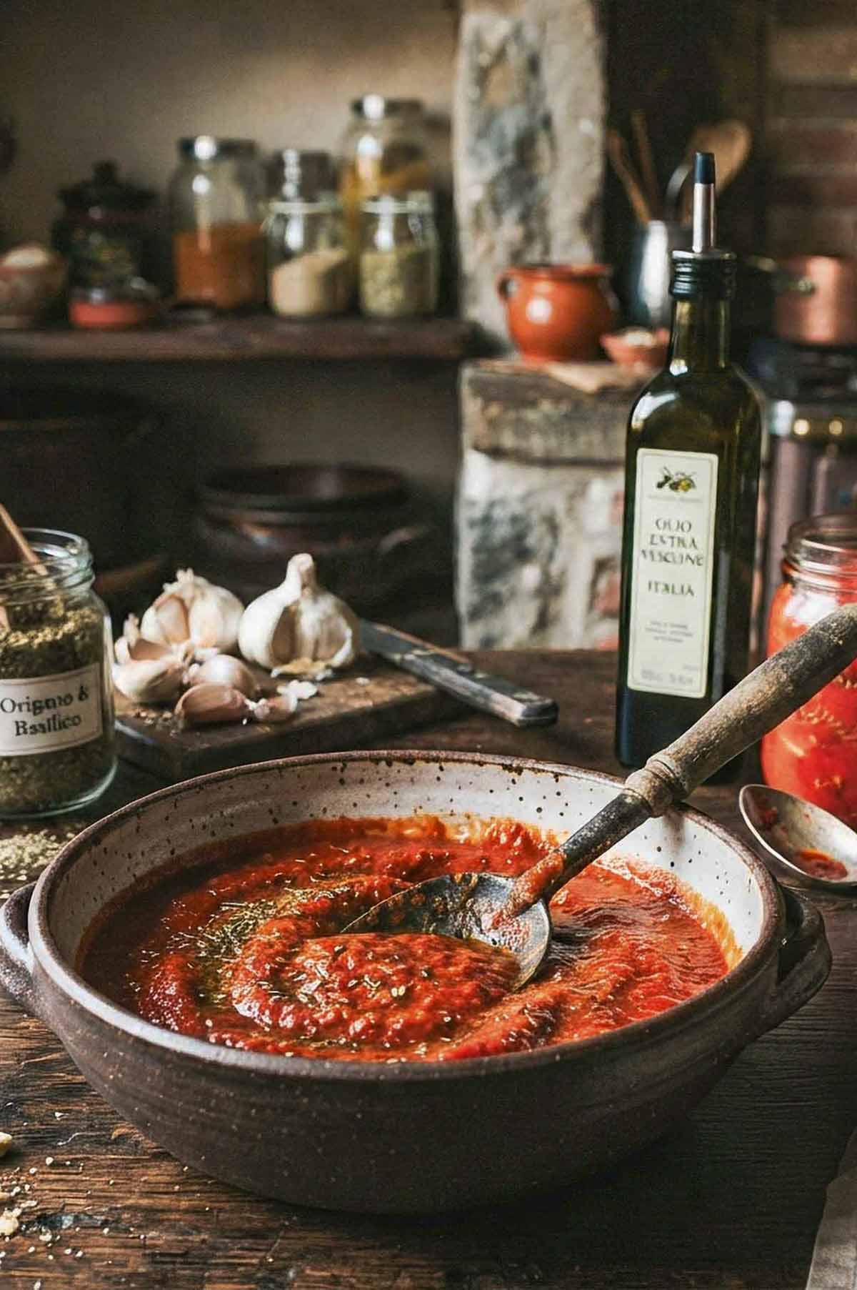 5-Minute No-Cook Gluten-Free Pizza Sauce in a rustic bowl with a spoon