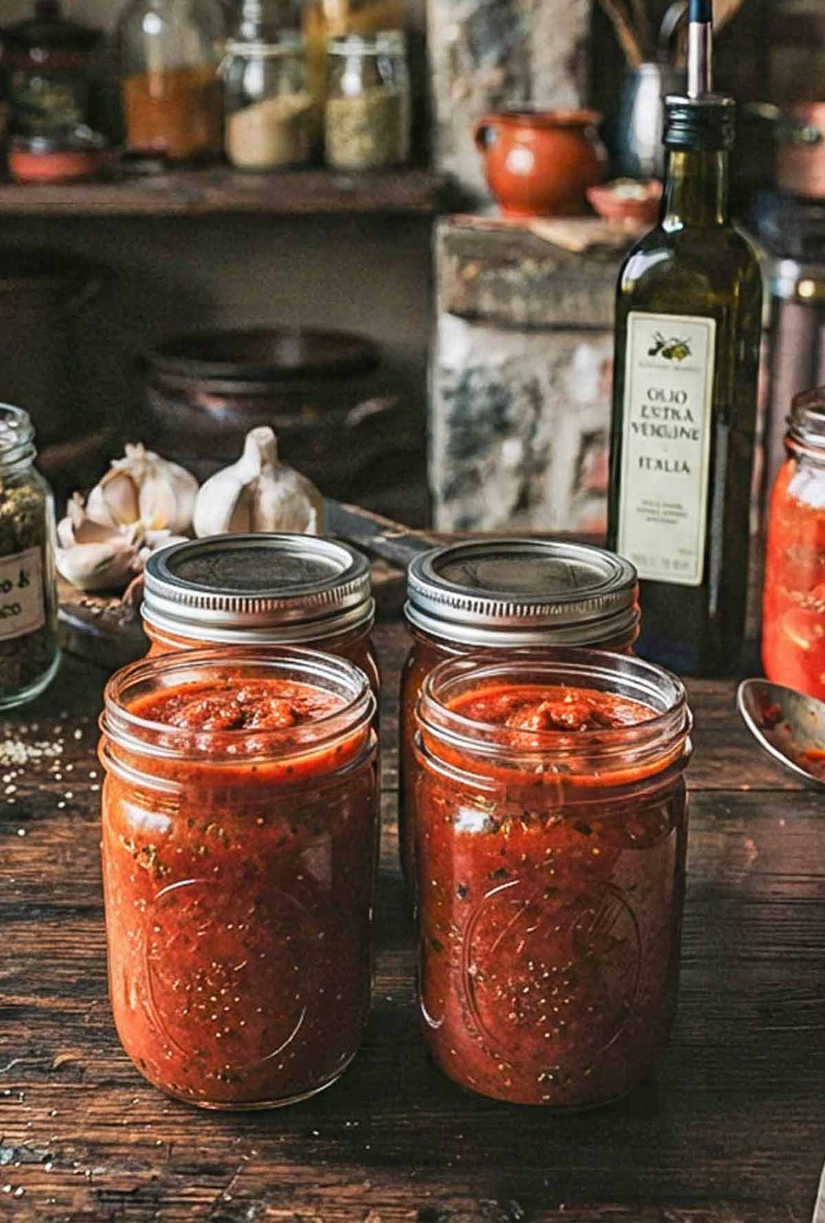 5-Minute No-Cook Gluten-Free Pizza Sauce in two glass jars with garlic and olive oil in the background