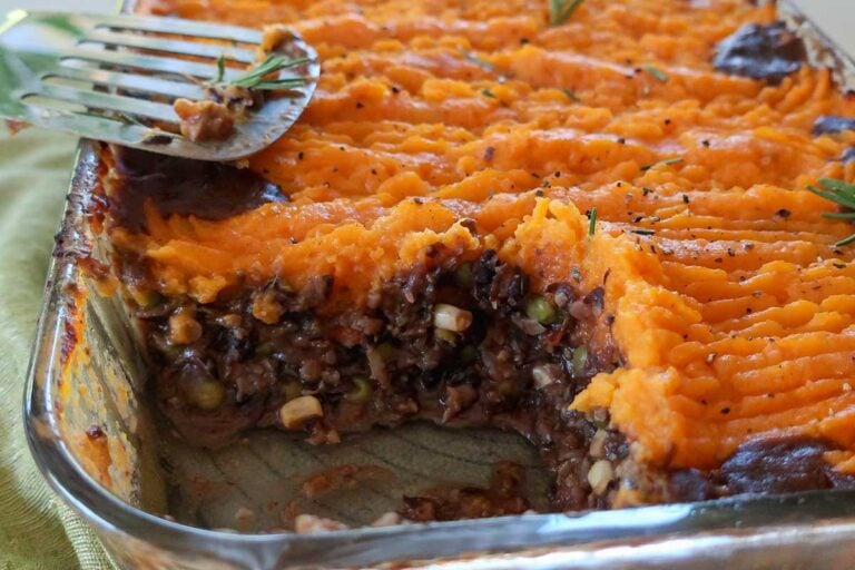 Vegan Gluten-Free Sweet Potato Shepherd's Pie in a baking dish