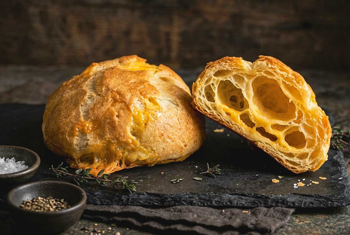 Freshly Baked Gluten-Free Cheesy Puff Biscuitswith Choux Pastry, showing the light and airy interior and the crispy shell