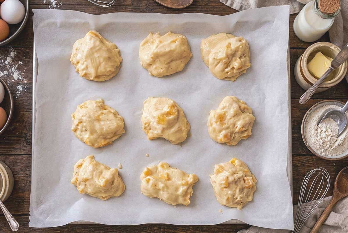 Mounds of choux dough with cheese cubes on a baking sheet lined with parchment paper